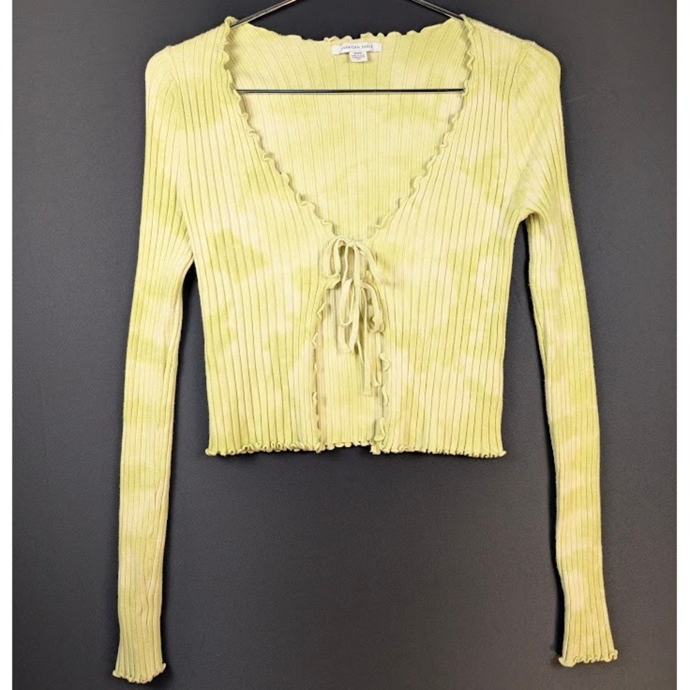 American Eagle Cropped Cardiganโ MEDIUM Lime Green Ribbed Lettuce Hem Y2K